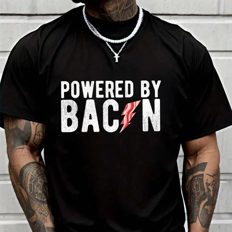 

Powered By Bacon Creative Print T Shirt Summer Short-sleeved Casual Tee Men Women Streetwear Loose T-shirt