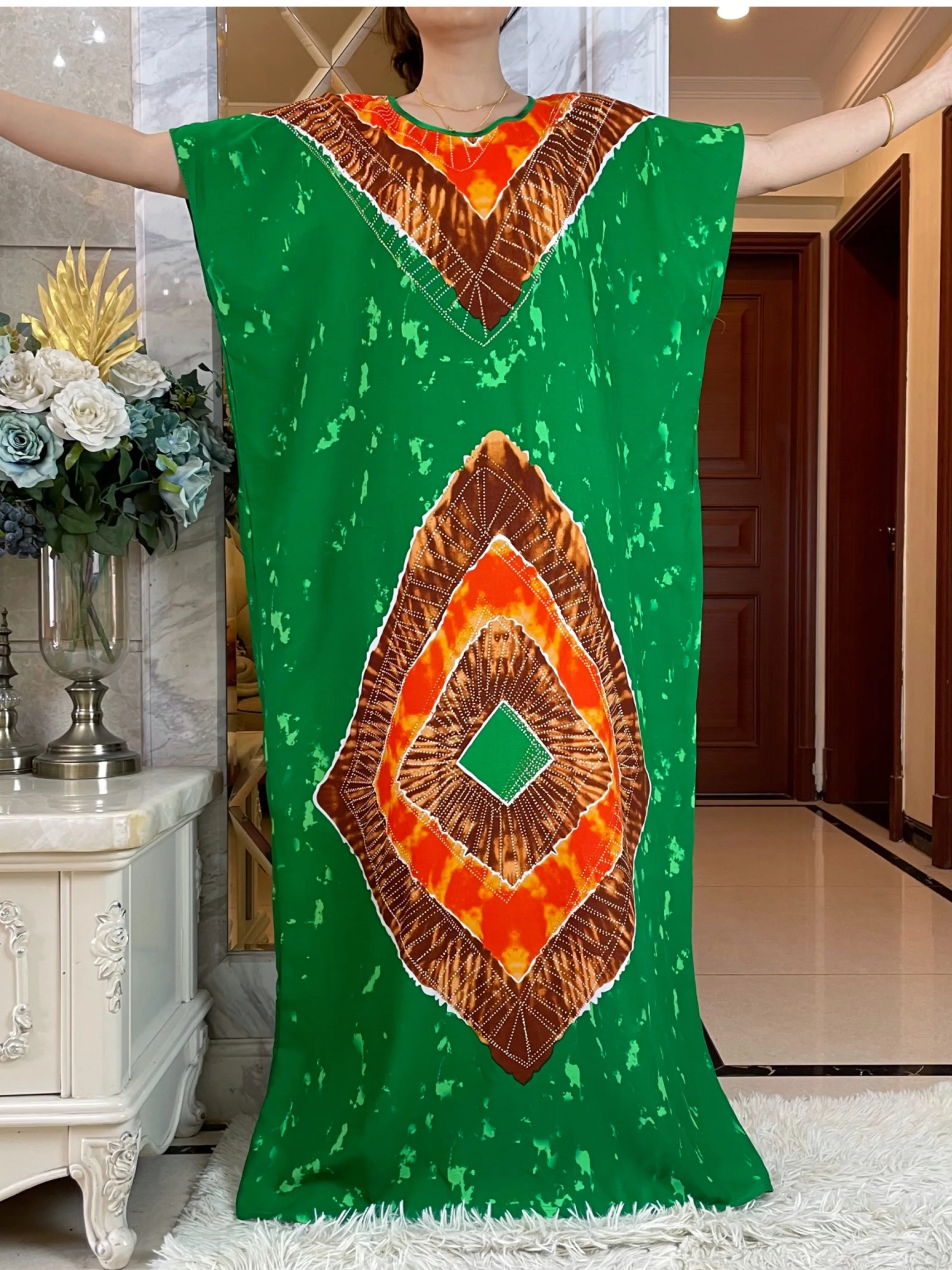 2024Summer Short Sleeve Printing Cotton Dresse With Big Scarf African Dashiki Floral  Loose Caftan Lady  Maxi Casual Vestidos