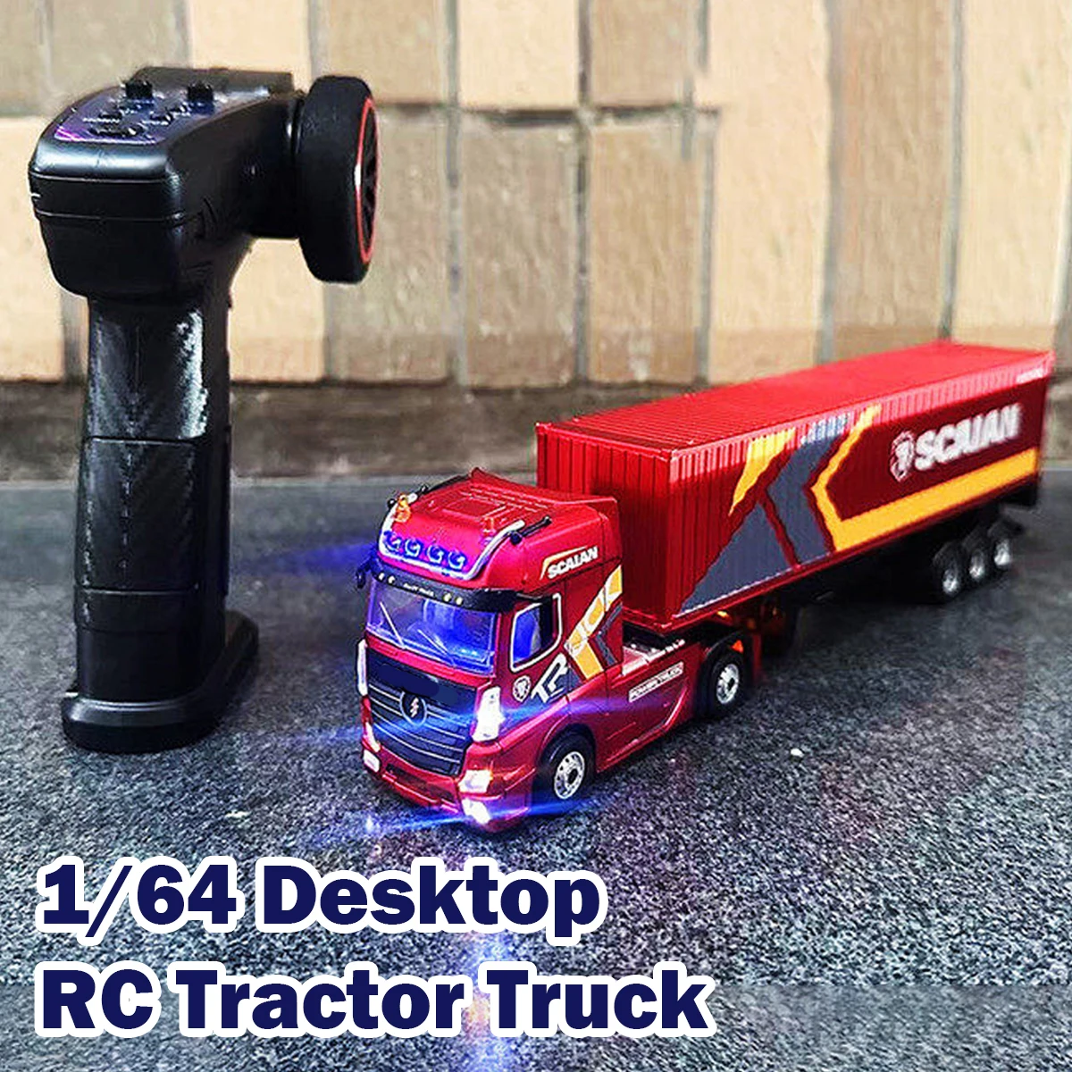 

1/64 4WD RC Tractor Truck Desktop with Independent Control Liftable Container Lights Horn Cruise Control Car Toys for Kids Gifts