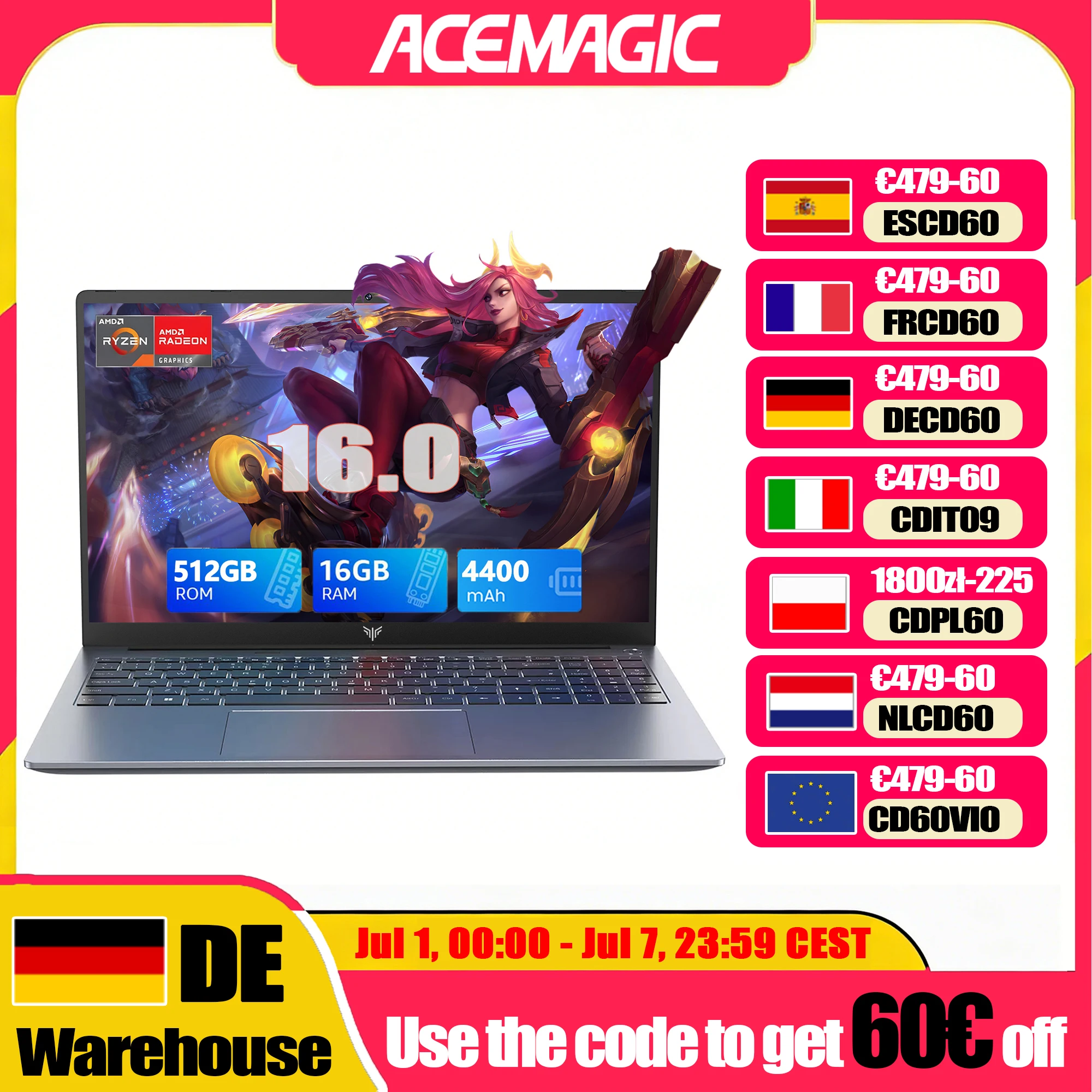 Portátil Acemagic RX16 de 16 pulgadas FHD para juegos, AMD Ryzen 9 6900Hx, 16 GB de RAM, 512 GB SSD, Windows 11 Pro, teclado retroiluminado, Wifi6, Bt5.2