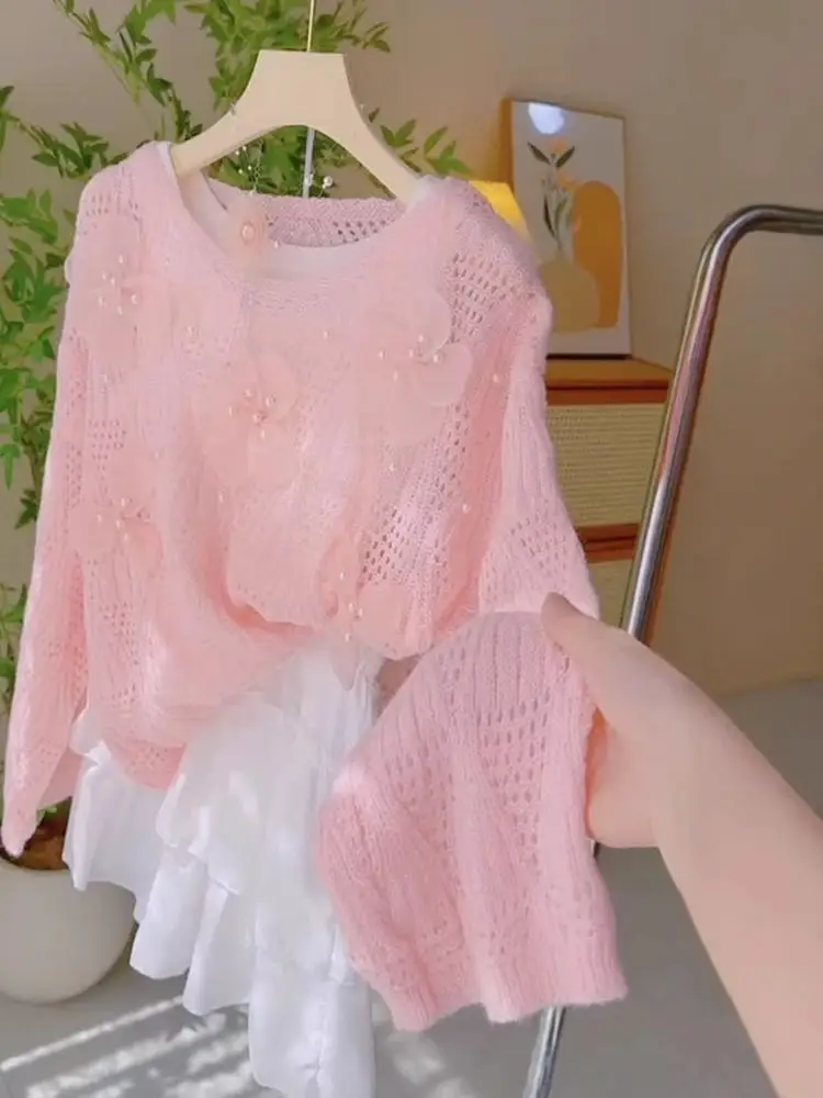 

Lightweight Summer Knitted Top Women's Casual Flead Sun Protection Cover up Loose Fit Long Sve round Ne Knitwear