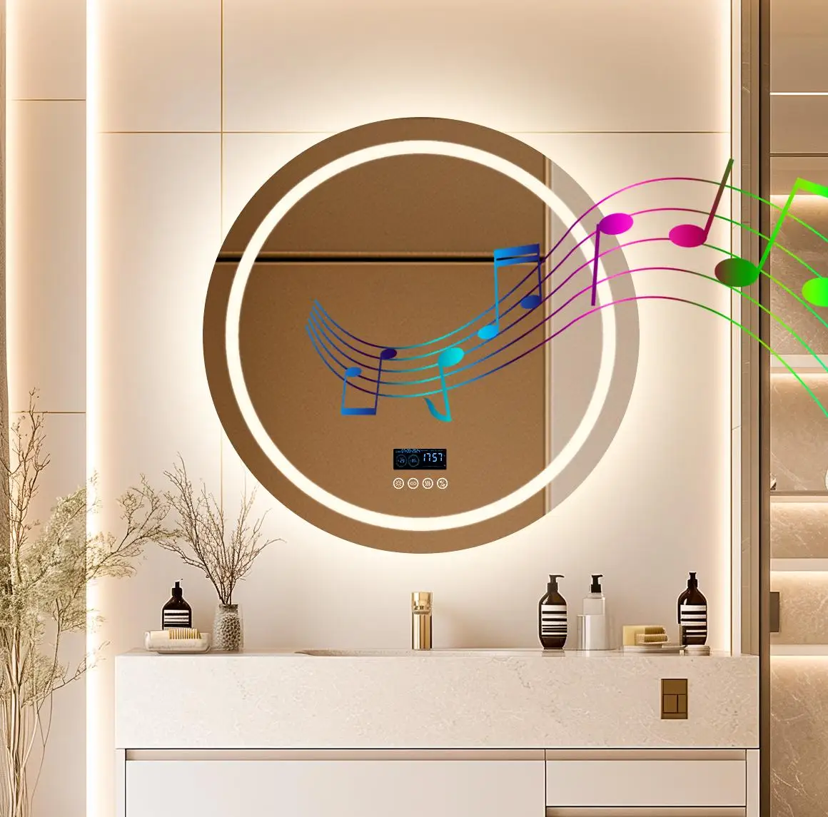 Dual Lighted Bluetooth Music LED Bathroom Mirror Touch Antifog Wall Vanity Mirror 3 Colors Adjustable Round/Square