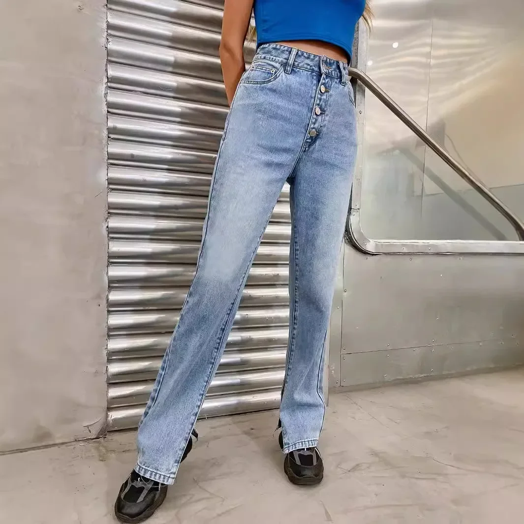 

Patchwork High Waist Denim Ankle Length Pants Women Clothing Straight Jeans Loose Fit Washed Jeans Pockets Streetwear Button
