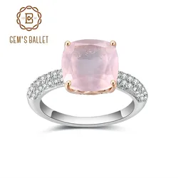 GEM'S BALLET 10*10mm Cushion Natural Rose Quartz Statement Ring 925 Sterling Silver Gemstone Candy Rings For Women Fine Jewelry