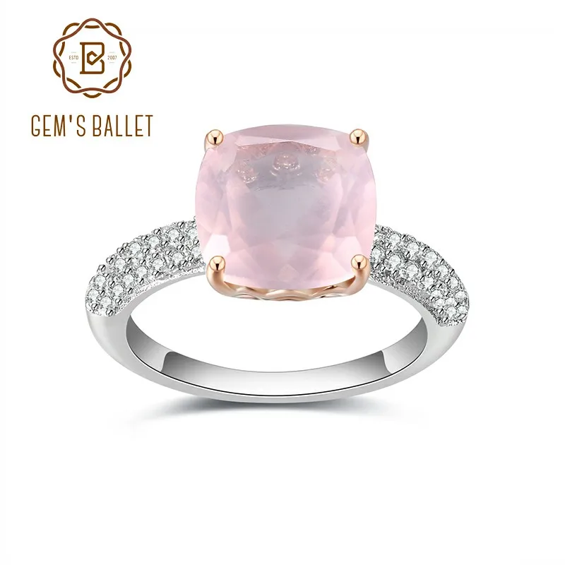 GEM'S BALLET 10*10mm Cushion Natural Rose Quartz Statement Ring 925 Sterling Silver Gemstone Candy Rings For Women Fine Jewelry