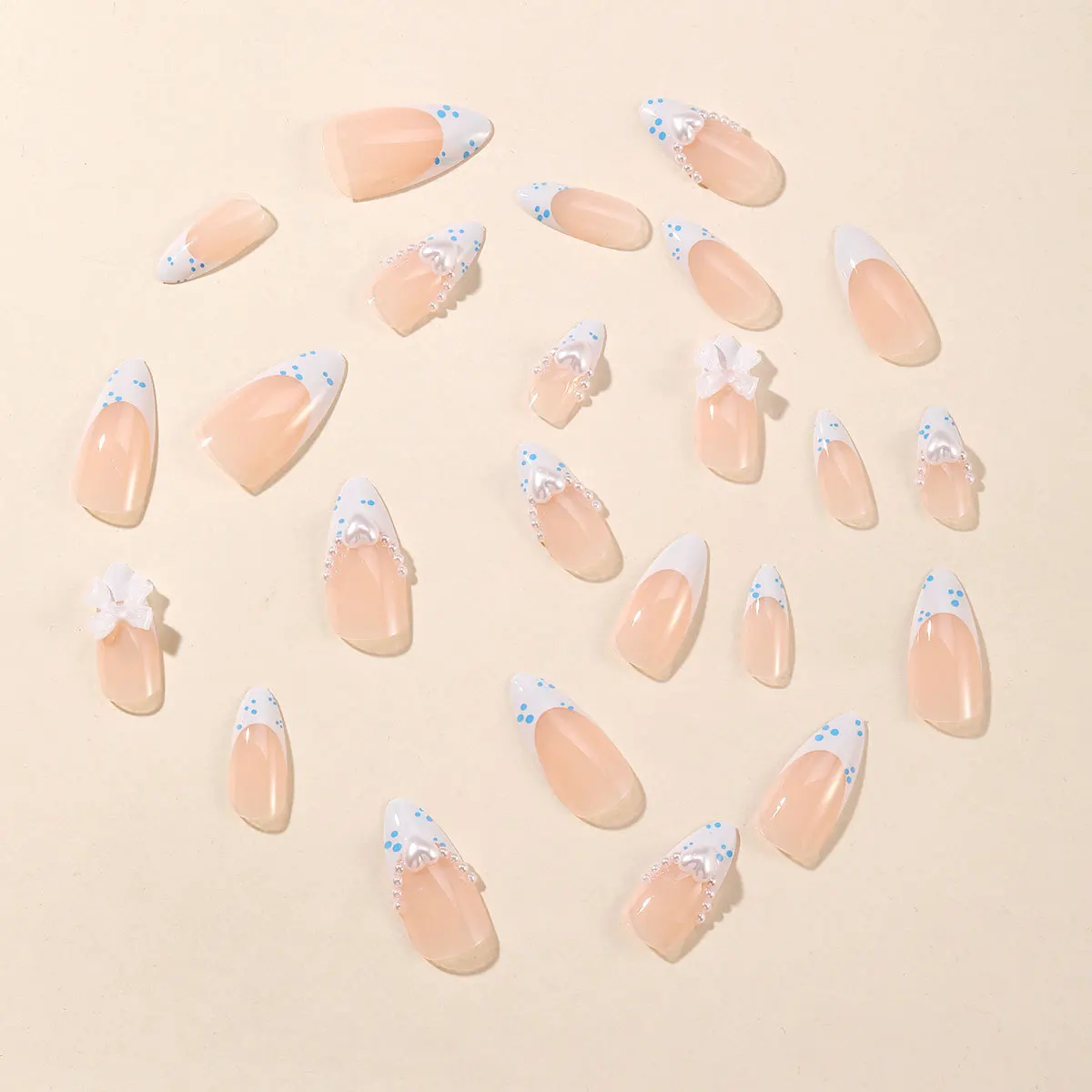 24pcs Long Almond White French False Nails Press On Nails Wearable Sweet Fake Nails Pearl Bow Decor Full Cover Round Nail Tips