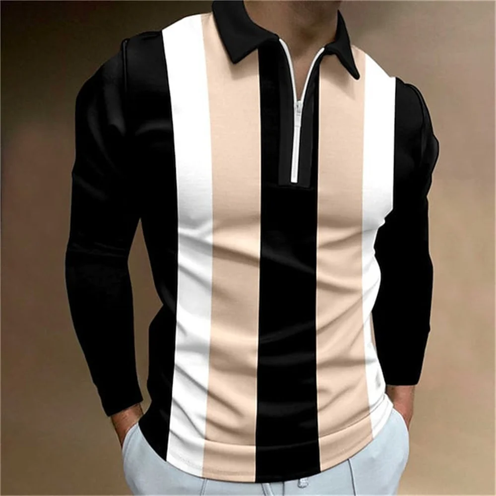 2024 Simple Stripe Print Mens Polo Shirt Fashion High Street Lapel Golf T-Shirt Men Tops Outdoor Casual Long Sleeve T-Shirt Man