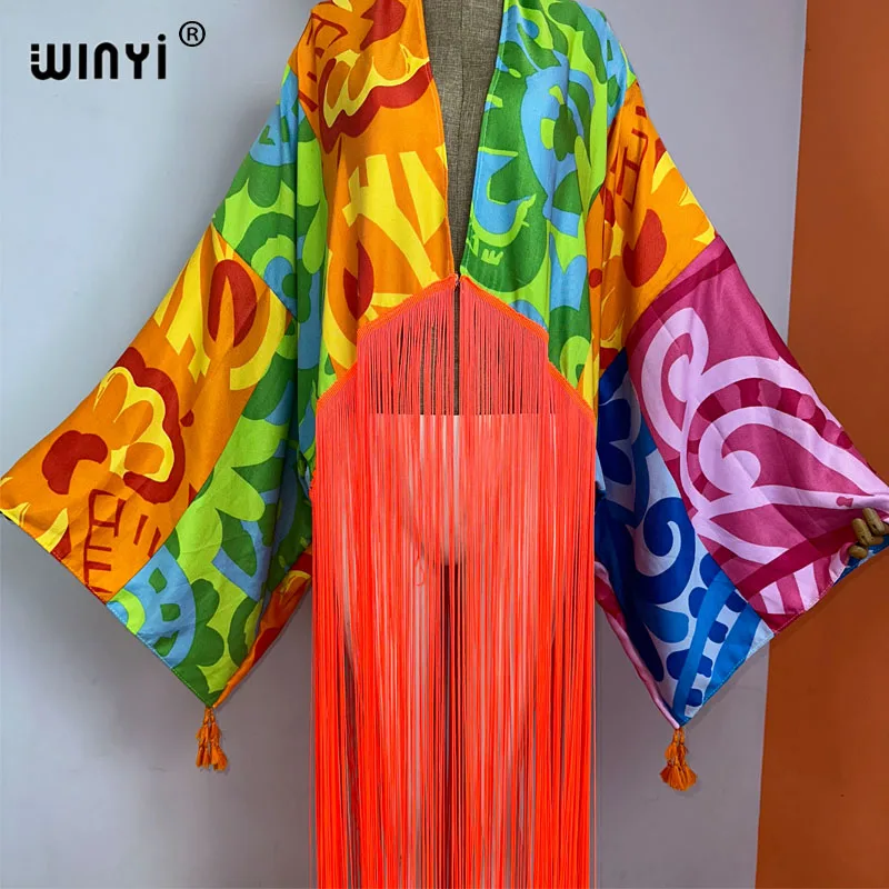 WINYI kimono cover-up summer boho print Bikini Cover-up fashion Cardigan sexy Holiday manica lunga nappe maxi dress kaftan