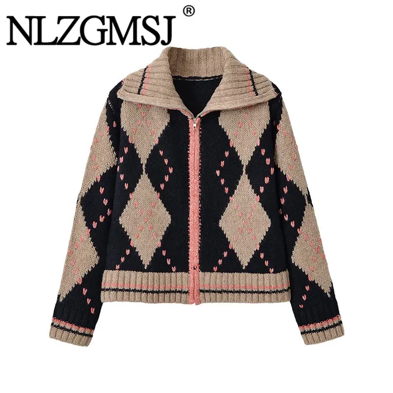 Nlzgsmj 2026 Autumn Women Retro Argyle Knit Zip Up Sweater lapel Long Sleeve Geometric Pattern Leisure Cardigan