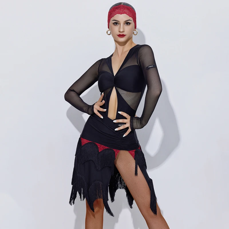 Vestido feminino de dança latina com mangas de malha, saias com franjas divididas, trajes sexy de performance, chacha rumba adulto