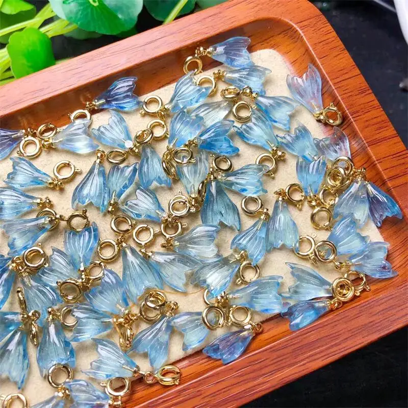 

5PCS Natural Aquamarine Fishtail Pendant Jewelry Making For Pendant Gemstone Crystal Healing Carved Animal Gift 14MM