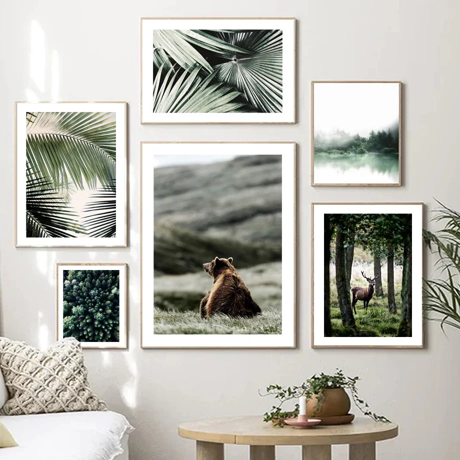 Bear Deer Forest Lake Fog Tropical Plant Wall Art Canvas Painting Nordic Posters And Prints Wall Pictures For Living Room Decor