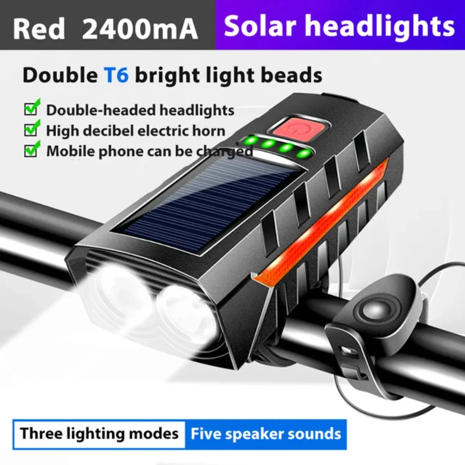 Solar Bicycle Light USB Rechargeable Power Display MTB Mountain Road Bike Front Lamp with 130db  Flashlight Bicycle Light