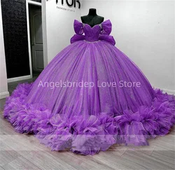 Angelsbridep 2025 Purple Princess Quinceanera Dresses With Bow Ball Gown Crystals Beading Ruffles Train Sweet 15th Dress