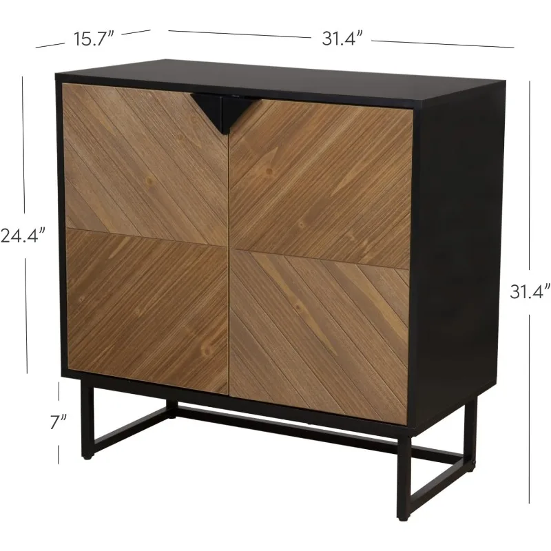 خزانة تخزين بوفيه جانبية حديثة من Enloe باللون الأسود مع أبواب بلمسة نهائية من خشب الصنوبر الريفي وقاعدة معدنية غير لامعة