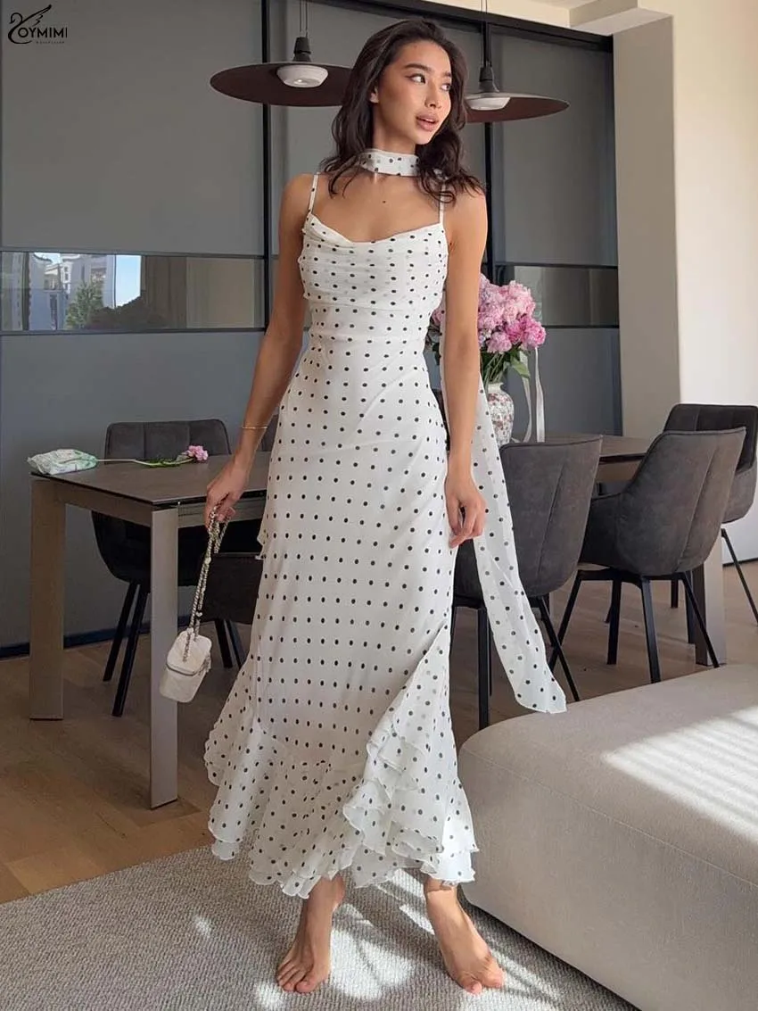 

Oymimi Casual White Print Womens Dresses Elegant Spaghetti Strap Lace-Up Open Back Dresses Autumn Ruffled Ankle-Length Dress