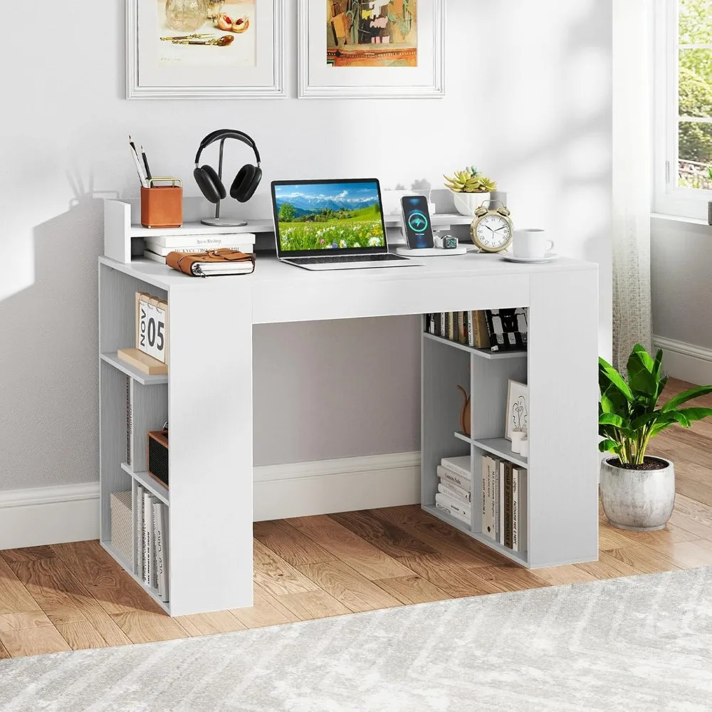 Computer Desk with Power Outlets, 43” Home Office Desk with Monitor Shelf & 2 Bookcases, Modern Writing Desk PC Workstation wit