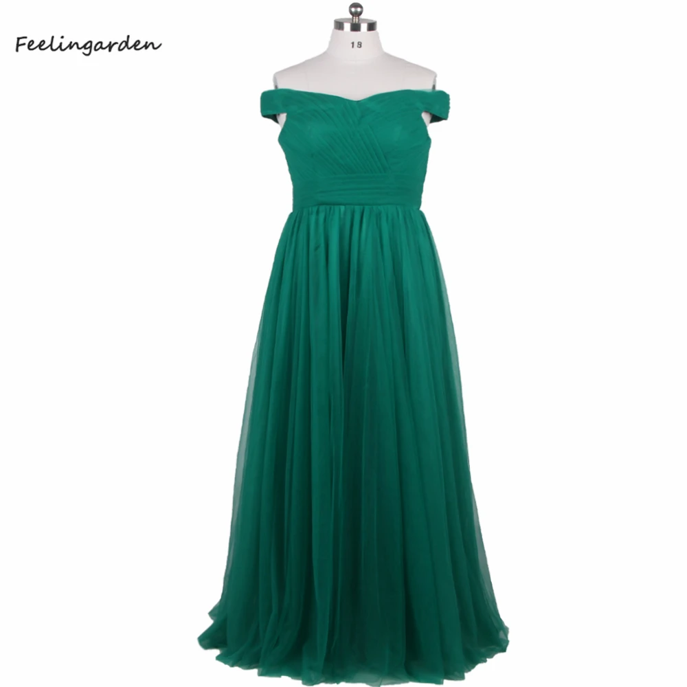 

Feelingarden Evening Dress Green Tulle Clearance Size 18 Off the Shoulder Pleat Lace up A-line Floor Length Party Dresses YA003