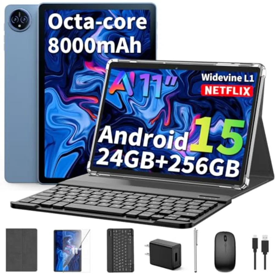 

2026 11 Inch Android 15 Tablet with Keyboard 24GB+128GB+2TB Expandable Silver Tablet PC with Gemini AI Octa-Core 8000mAh 5G WiF