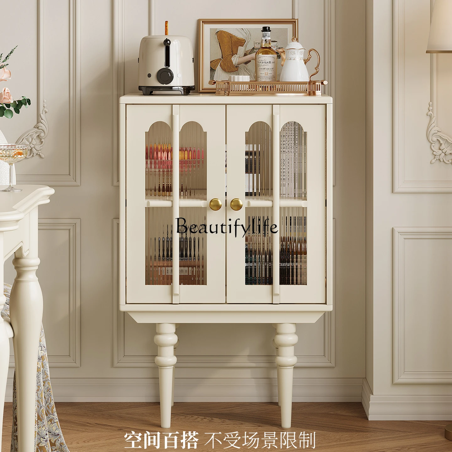 

French solid wood cream wind TV cabinet retro living room storage high side cabinet