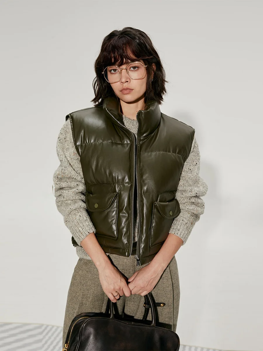 

JGGU Crystal Gaggle 3D ket Protein Leather down Vest Women's Jaet Spring 2025 Regular Length Single Wear Faion