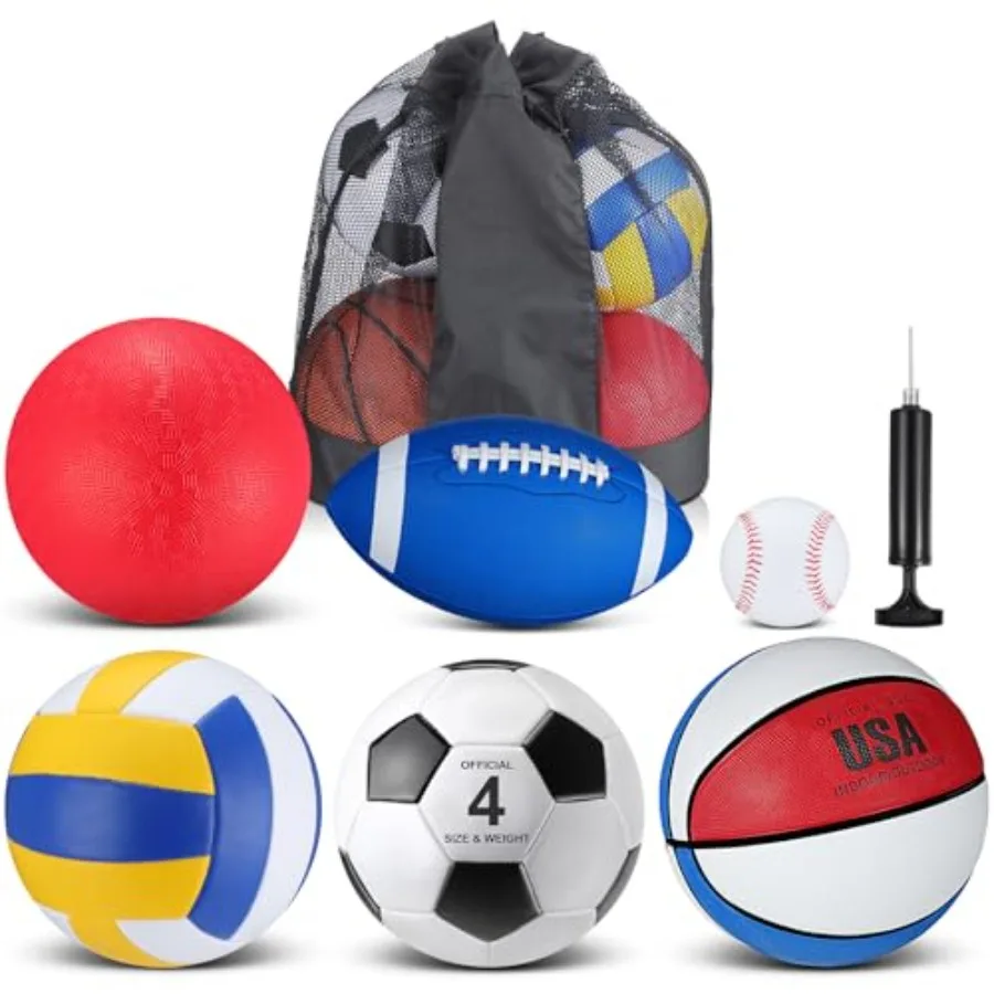 

6 Pcs Sport Ball Set Includes Official Size Soccer Basketball Football Volleyball Playground Ball Baseball with Bag and Pump Ba