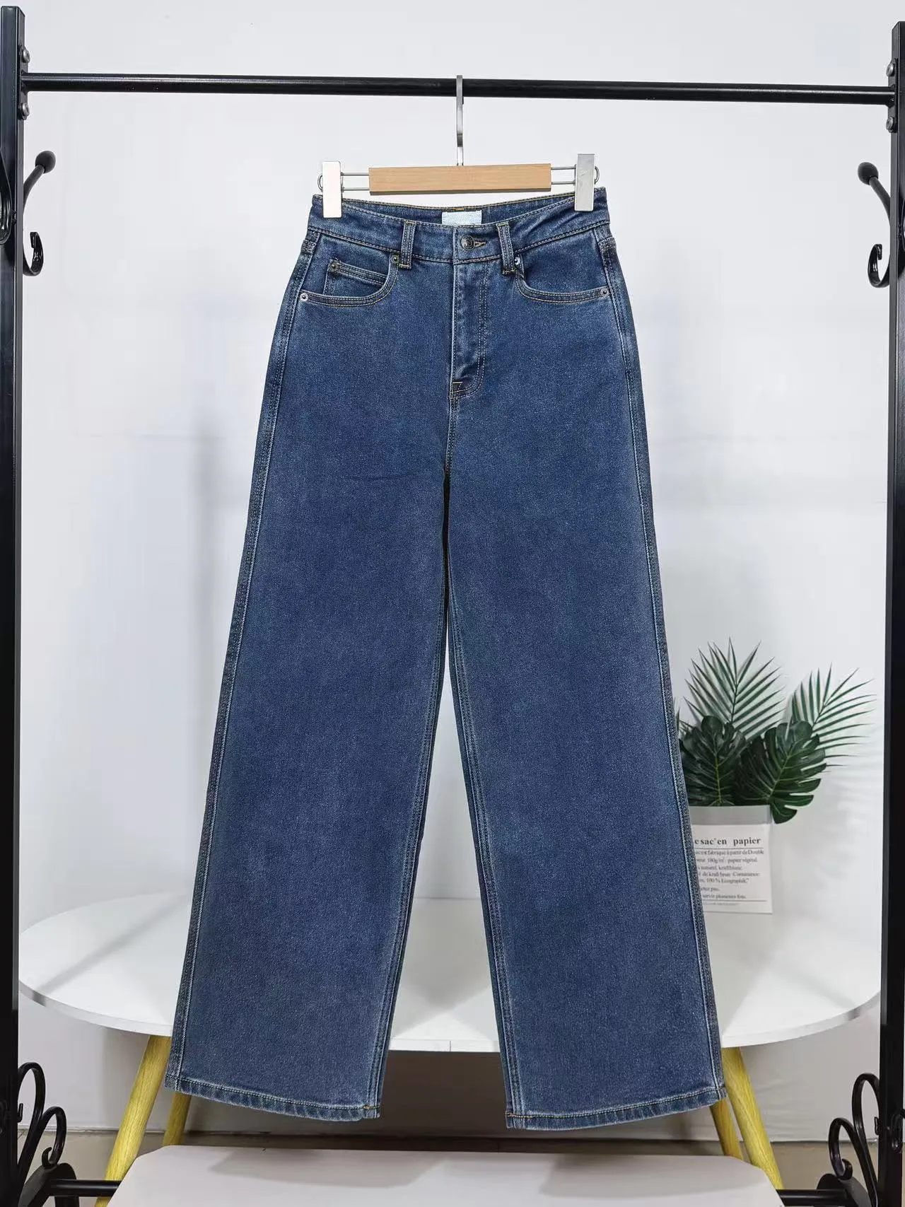 

Thiened Fce Базовые синие повседневные прямые джинсы с высокой талией, женские зимние свободные длинные брюки, удобные эластичные джинсовые брюки...