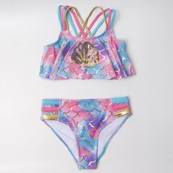 Conjunto de bikini con conchas para niñas, traje de baño Infantil de 3 a 8 años, Falbala, arcoíris, 2024