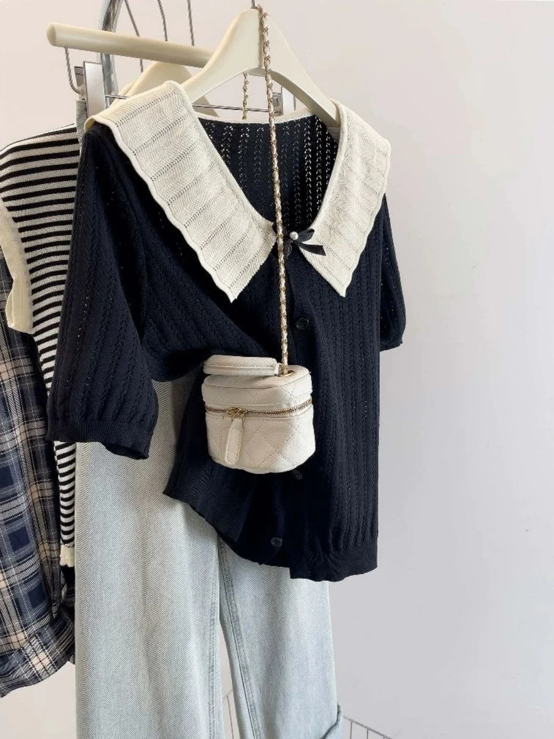 

French Style Hollow out Knitted Top Baby Collar Knot Splice Short Sleeve Large Size for Young Women Daily Wear