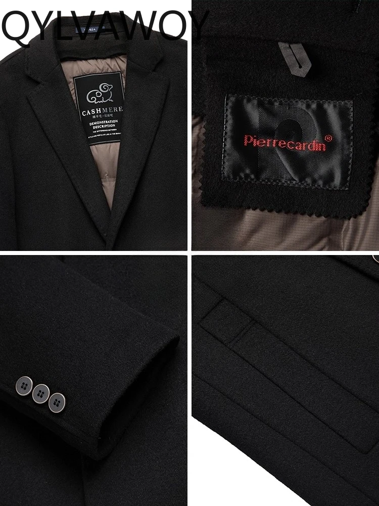 QYLVAWOY الشتاء الخريف الرجال منتصف طول معطف الصوف ملابس خارجية الصوف أوزة أسفل بطانة الدافئة أنيق عالية الجودة سترة رجالي LJ2769