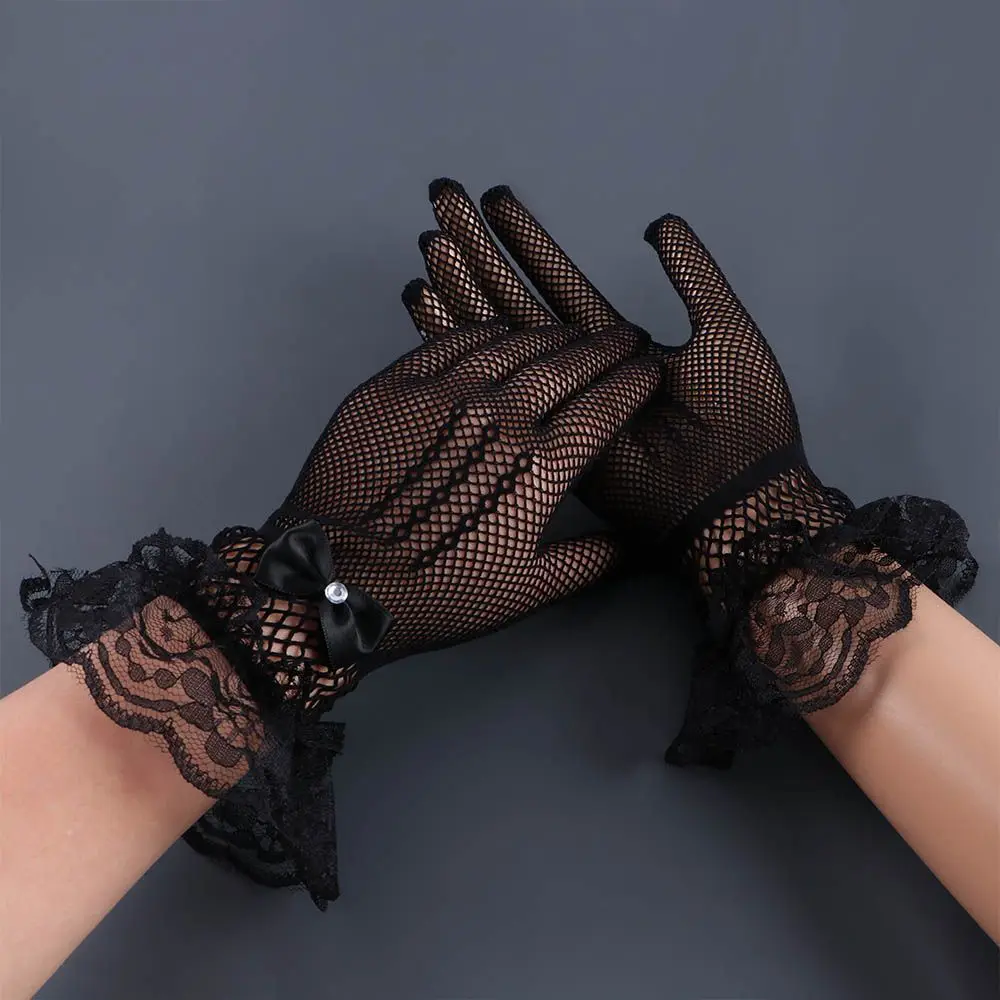 

Breathable Summer Flower Bow Fishnet Crystal Wedding Gloves Lace Sun Protection Mittens Women Driving Gloves