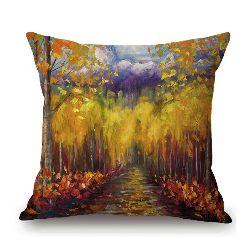 Gold Autumn Fall Birch Aspens Tree Beautiful Scenery  Home Decoration Cotton Linen Sofa Throw Pillow Case Car Cushion Cover