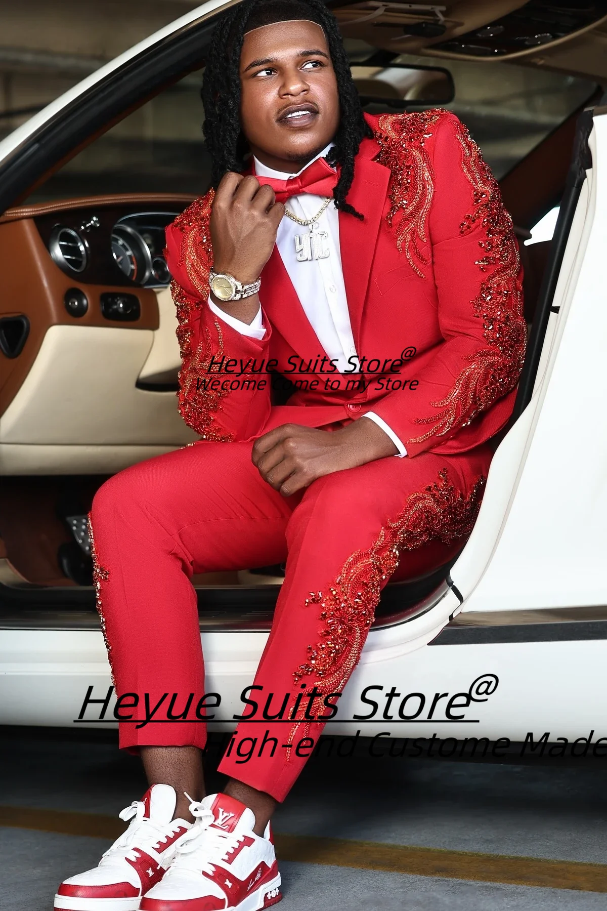 

High-end Handsome Red Big and Tall Crystal Prom Men Suits Customized Slim Fit Notched Lapel Groom Wedding Tuxedos 2 Pieces Sets