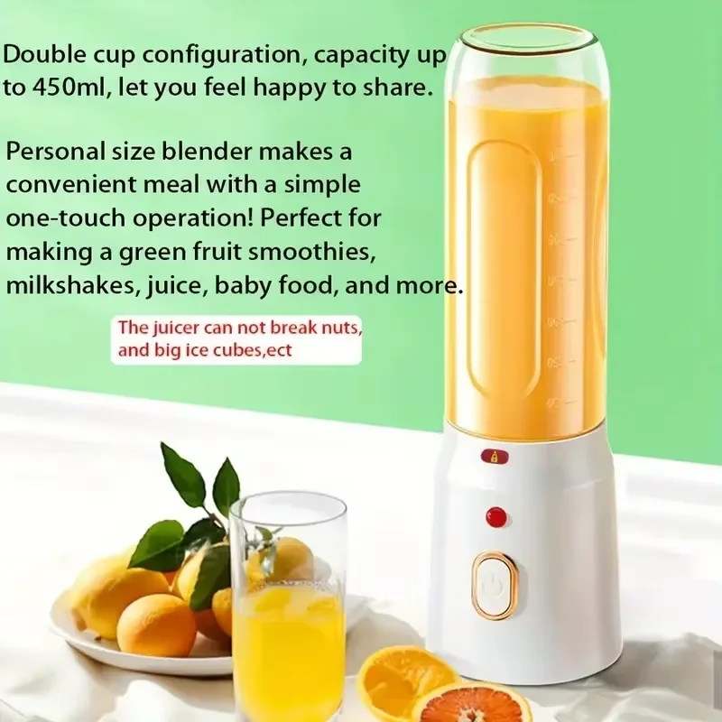 450ML Portable Electric Blender 40W USB Rechargeable Cordless Juicer High Powerful Juicer Cup For Smoothie Milkshake Juice Food