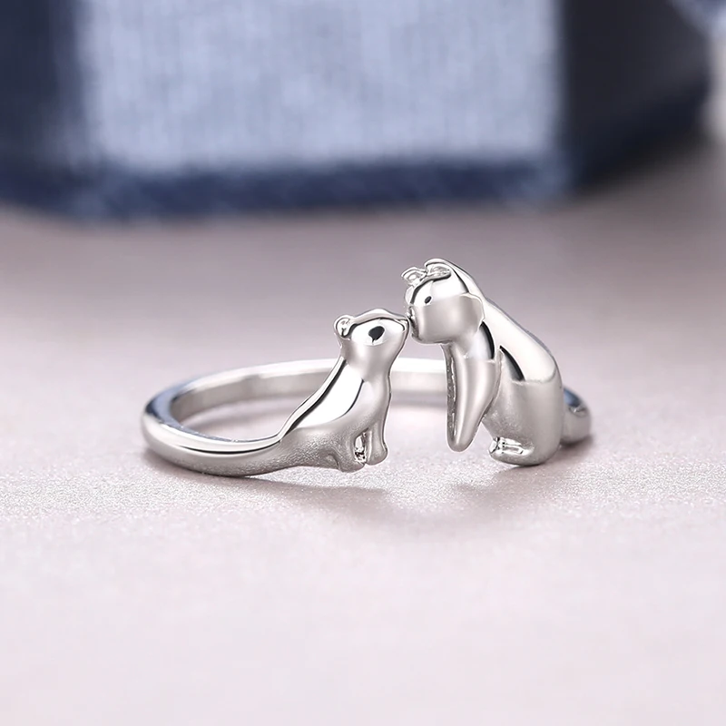 Huitan Cute Double Cat Opening Rings for Women Adjustable Silver Color/Gold Color Chic Female Finger-ring Gift Statement Jewelry