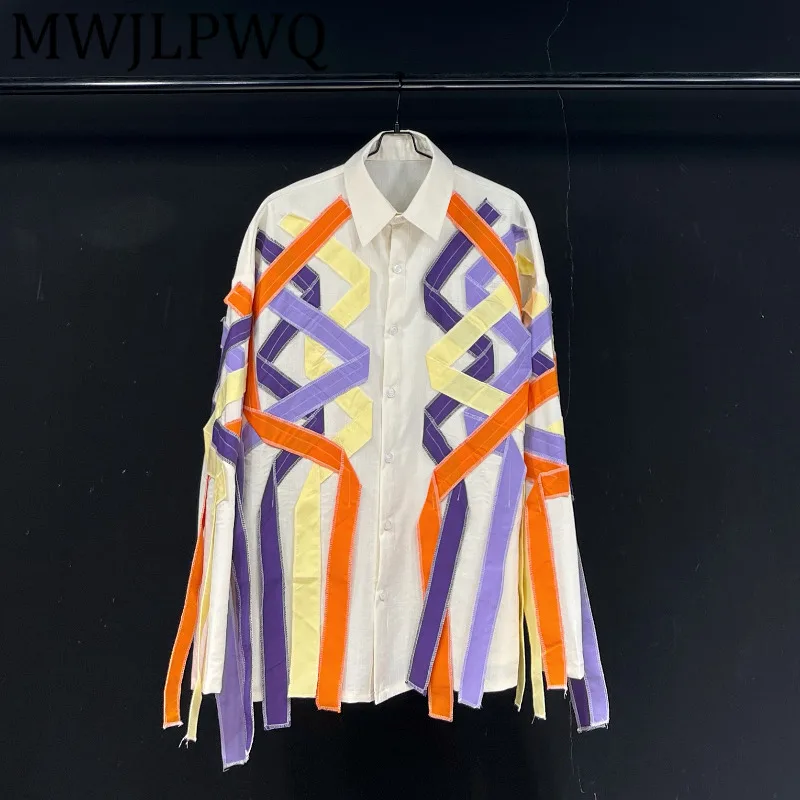

MWJLPWQ Lace Up Spliced Niched Design Elegant Shirts Male High Street Colorful Long Sleeve Unisex Loose Casual Tops New 11827