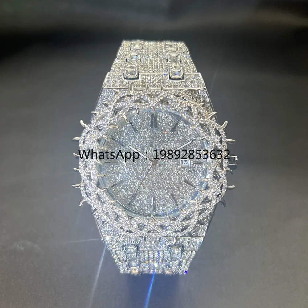MISSFOX Hot Fashion Full Diamond Watches Men Brand Hip Hop lced Qut Bling Jewelry Flower Quartz Wristwatch For Man Dropshipping