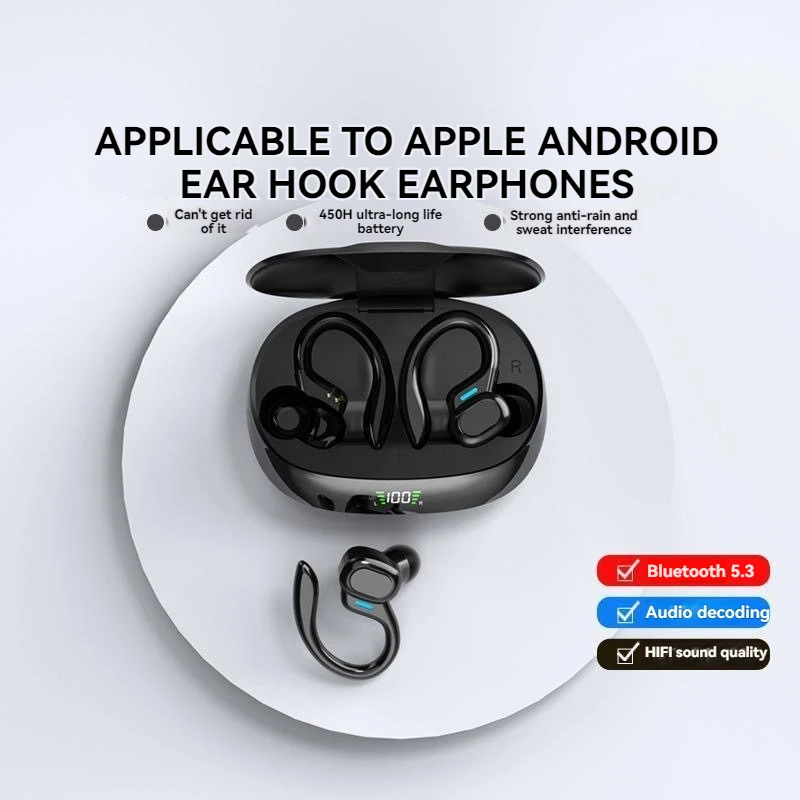 

Ear Hook Sport Headphones | 50H Open-Ear Bluetooth with LED Display | Noise Reduction for Running
