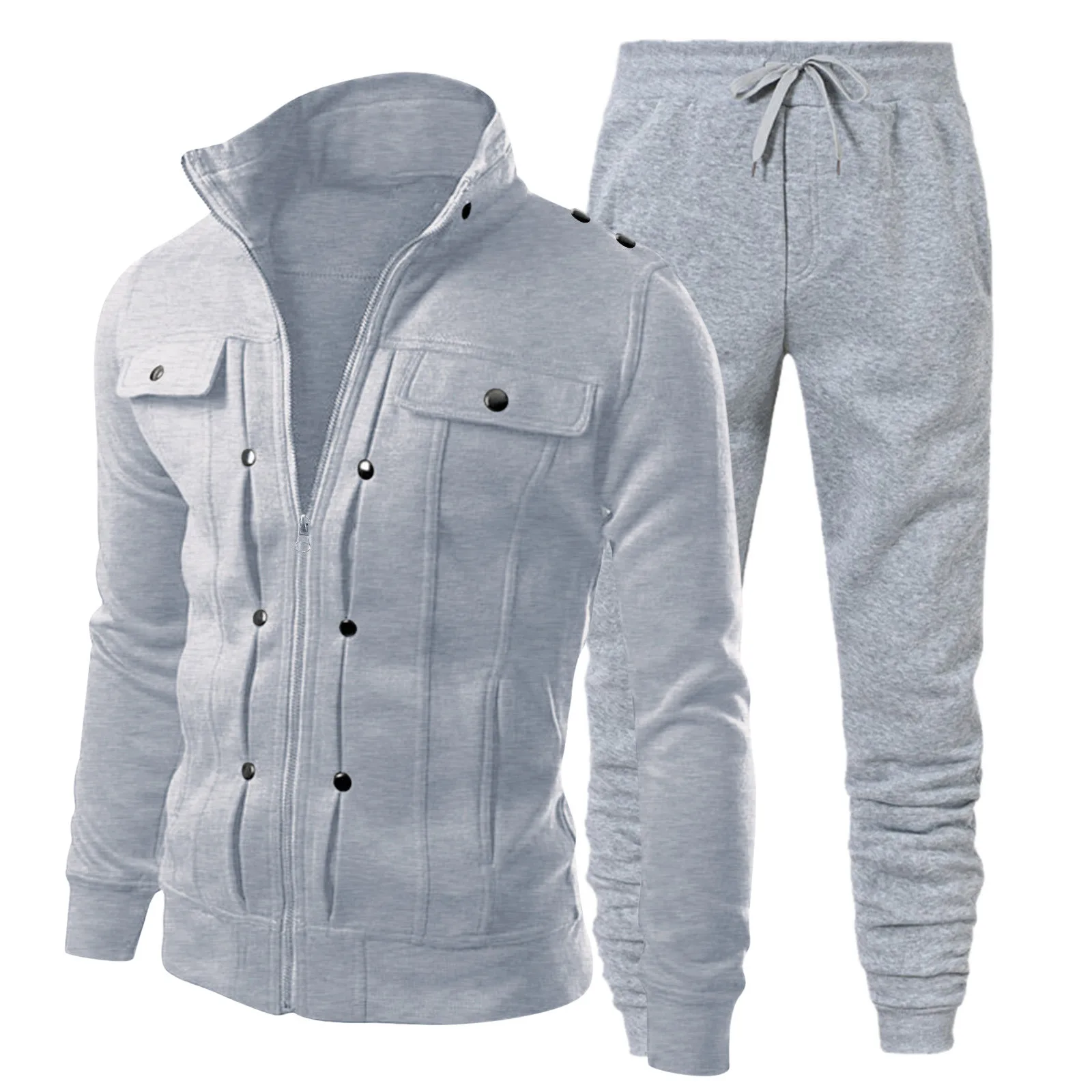 Conjunto deportivo de 2 piezas para hombre, sudaderas con capucha y pantalones de chándal de Color sólido, chaquetas con cuello alto y cremallera, pantalones bombachos holgados, 2024