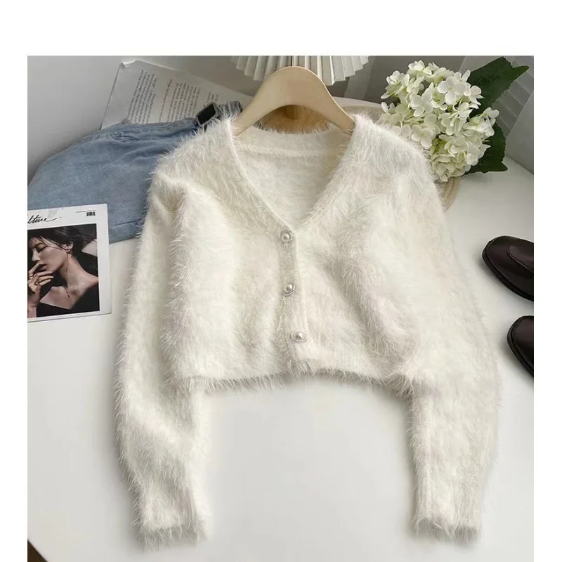 Korean Xiaoxiangfeng Sweater Jacket, Women's Imitation Mink Fur Short Solid Color Knitted Cardigan, Spring And Autumn New Style