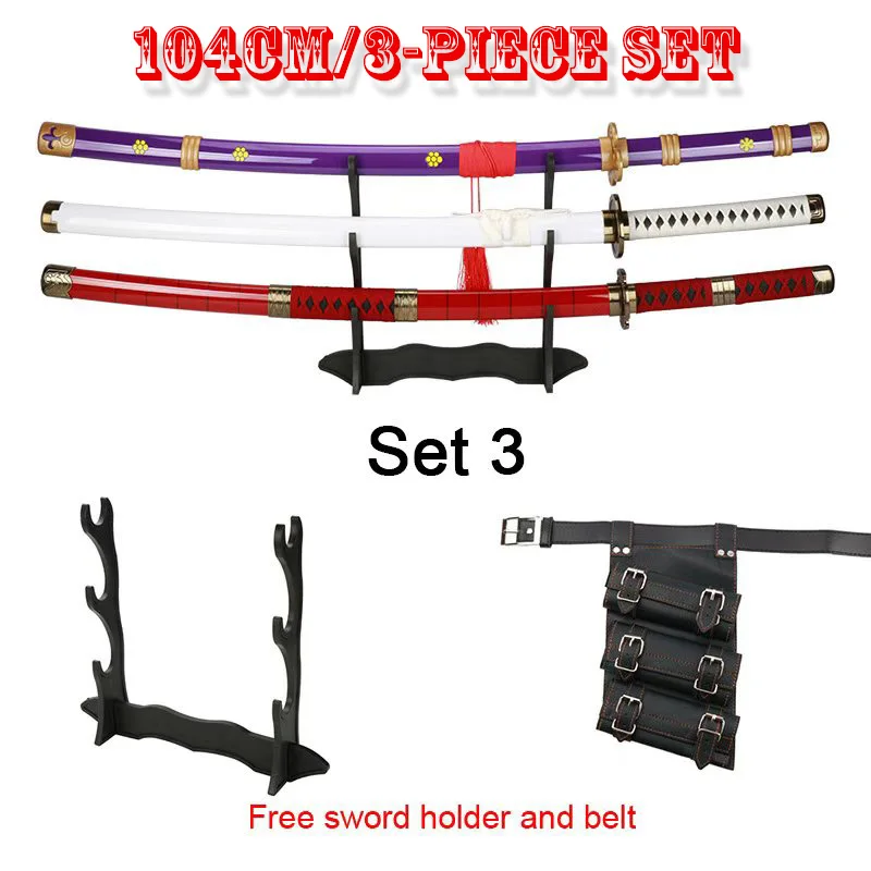 3-delige set Roronoa Zoro zwaarden 104 cm handgemaakte Katana Japanse anime cosplay zwaard Shusui Enma Kitetsu gratis zwaard houder en riem