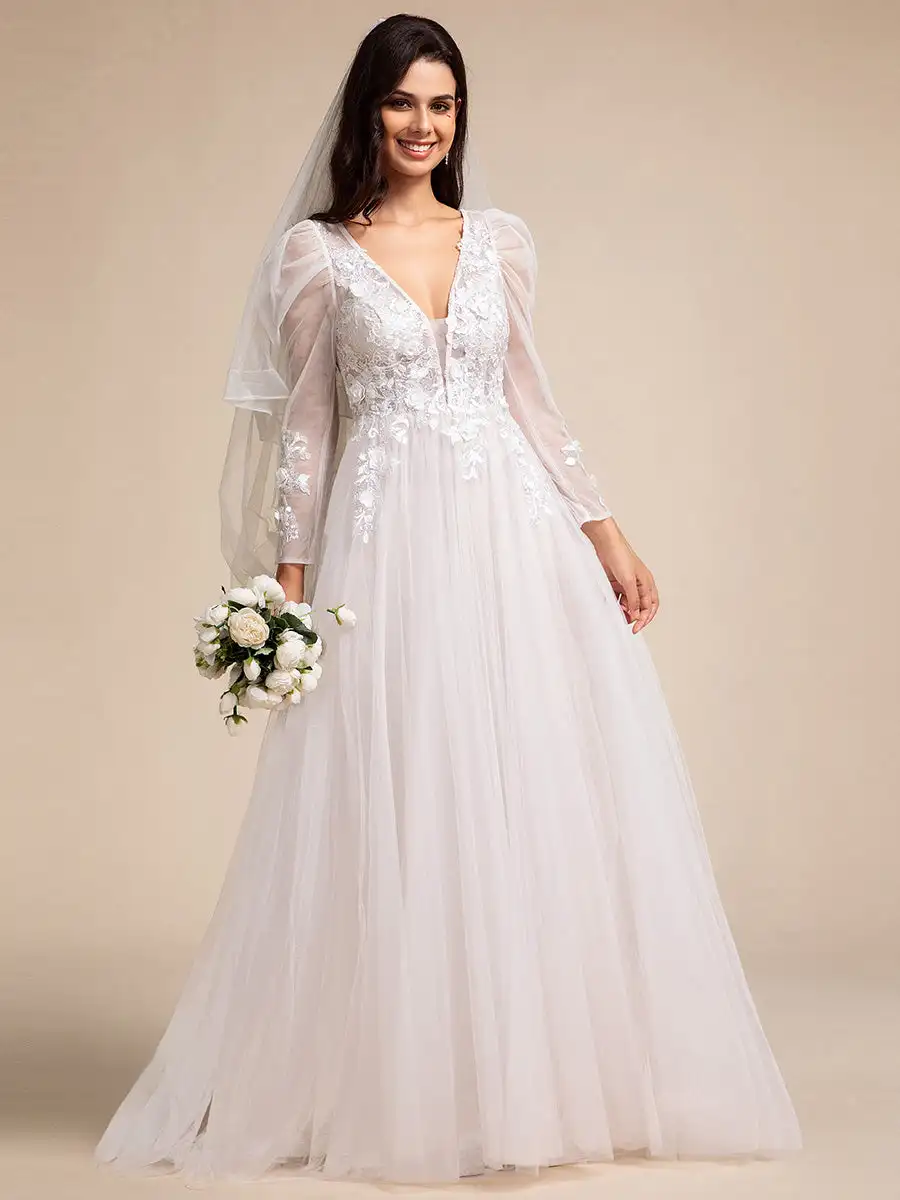 

Elegant Wedding Dresses V Neck Backless Long Sleeves Tulle 2025 Ever Pretty of Ivory Formal Evening Dress