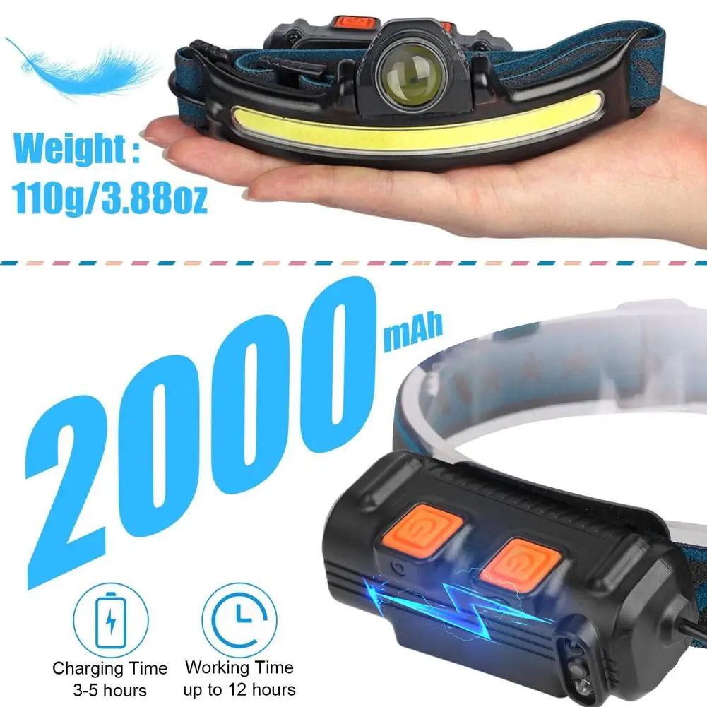 10W Zoomable COB LED Headlamp With Motion Sensor 6 Modes 270°/90° Adjustable Angle USB Rechargeable Torch Headlight Flashlight