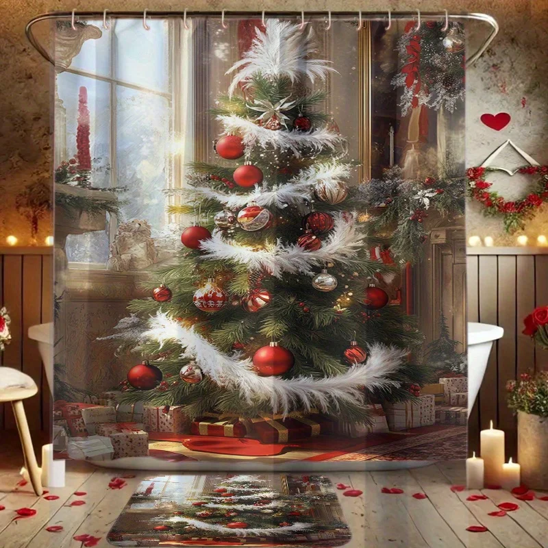 4Pcs Xmas Tree Print Bath Set, Shower Curtain, Non-Slip Mat, Toilet Cover, 12 Hooks, Bathroom Accessories, Holiday Decor, Gift