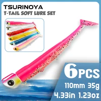 TSURINOYA-Juego de señuelos, 6 uds., cabeza de anzuelo, cola en T suave, 110mm, 35g, lengüeta de fundición larga, pesca en mar, cebo suave con anzuelos