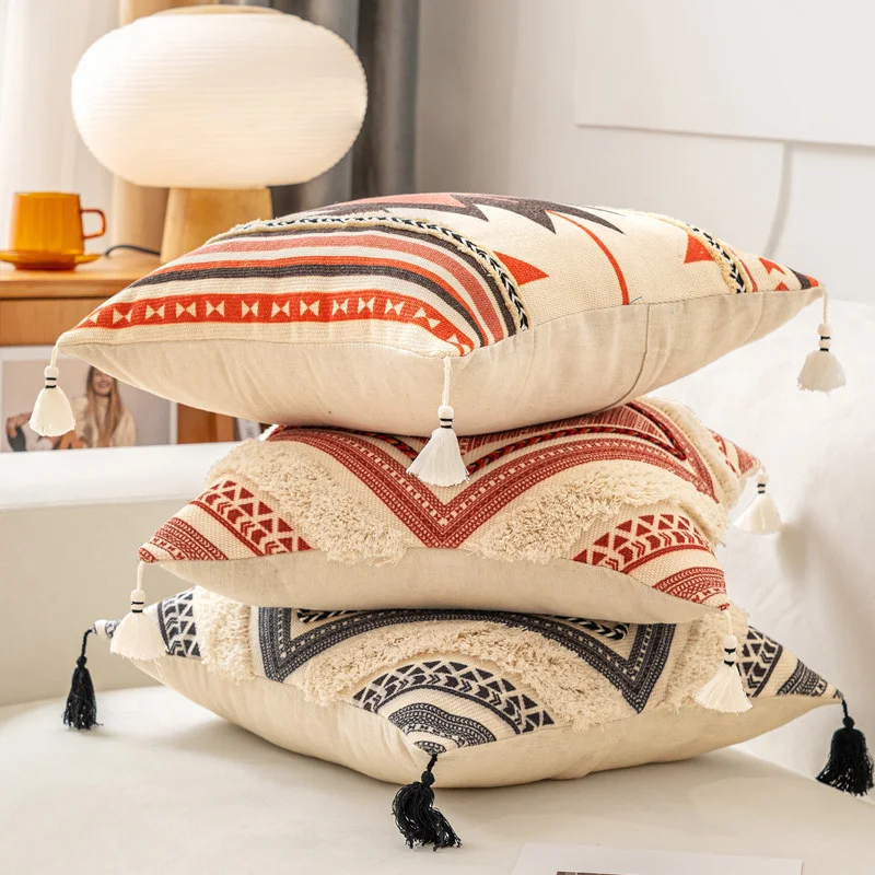 Bohemia Embroidery Cushion Cover Brown Boho Ethnic Style Geometric Floral Pillow Cover With Tassels 45x45cm Home Decor