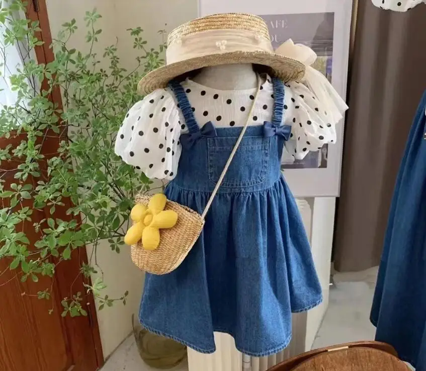 Girls Summer Suit 2023 New Polka Dot Puff Sleeve Short-sleeved Top + Denim Bow Strap Dress 2pcs Clothing Suits