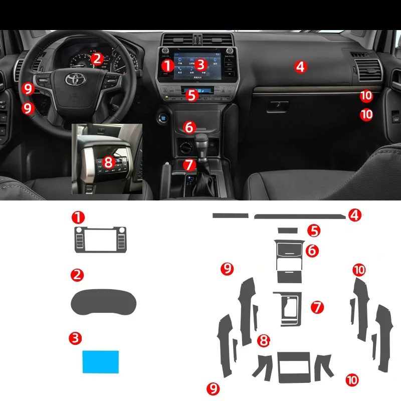 

Для Toyota Prado 2018-2021: Защитная пленка из ТПУ для центральной консоли и дверей автомобиля, прозрачная, для интерьера