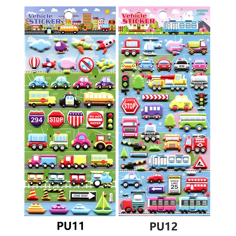 1sheet 3D Bubble Stickers Boy Flash Music Cute Fun Vehicle Car Stickers For Baby Kindergarten Waterproof Cartoon Traffic Sticker