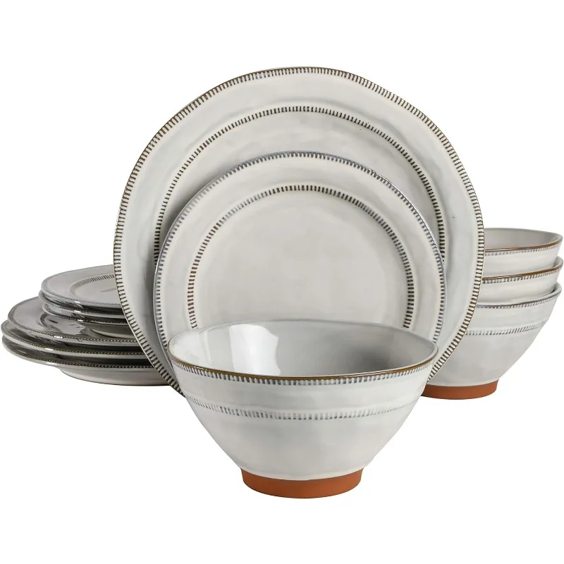 Terranea Round Reactive Glaze Terra Cotta Dinnerware Set, Service for Four (12pcs), White